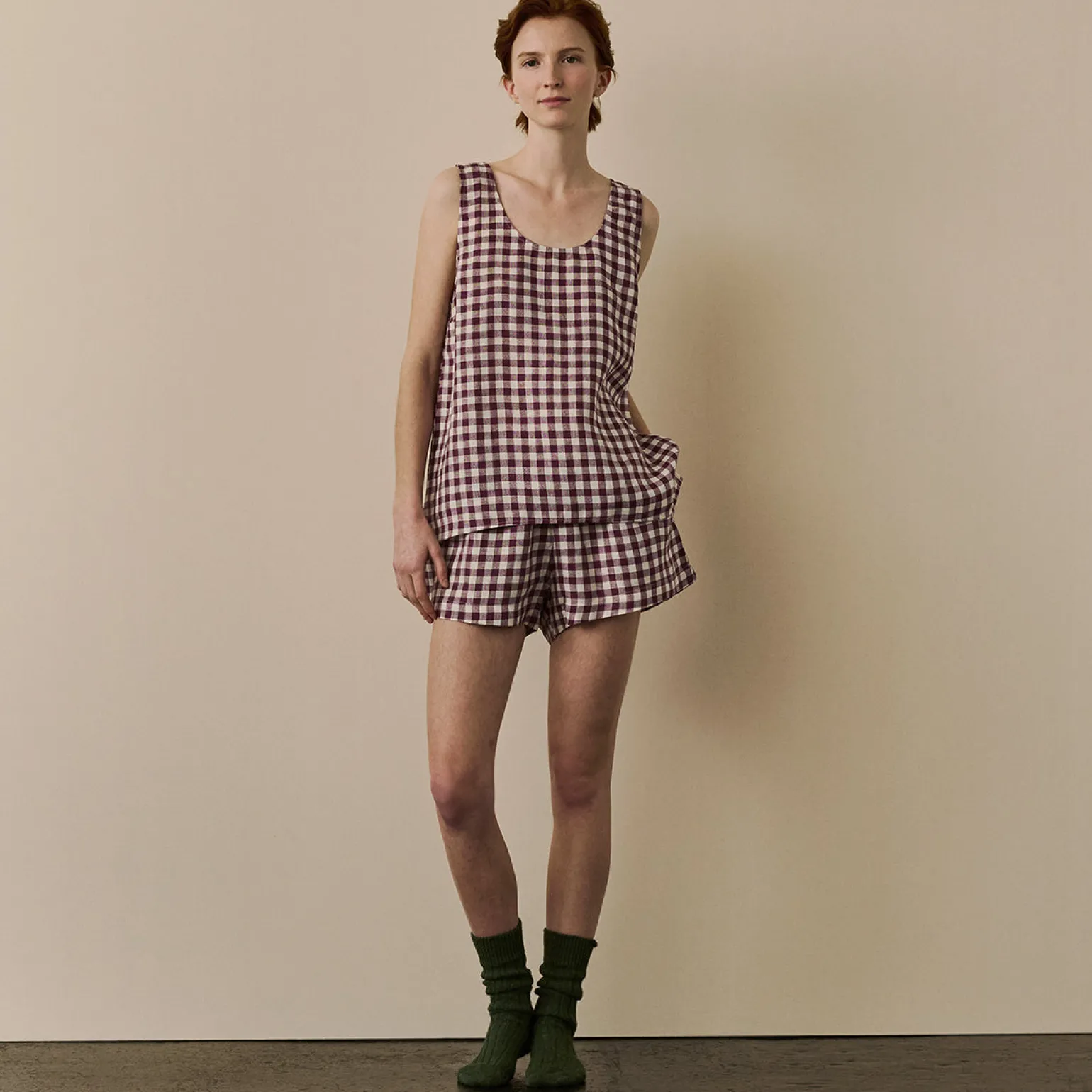 Berry Gingham Linen Cami Set