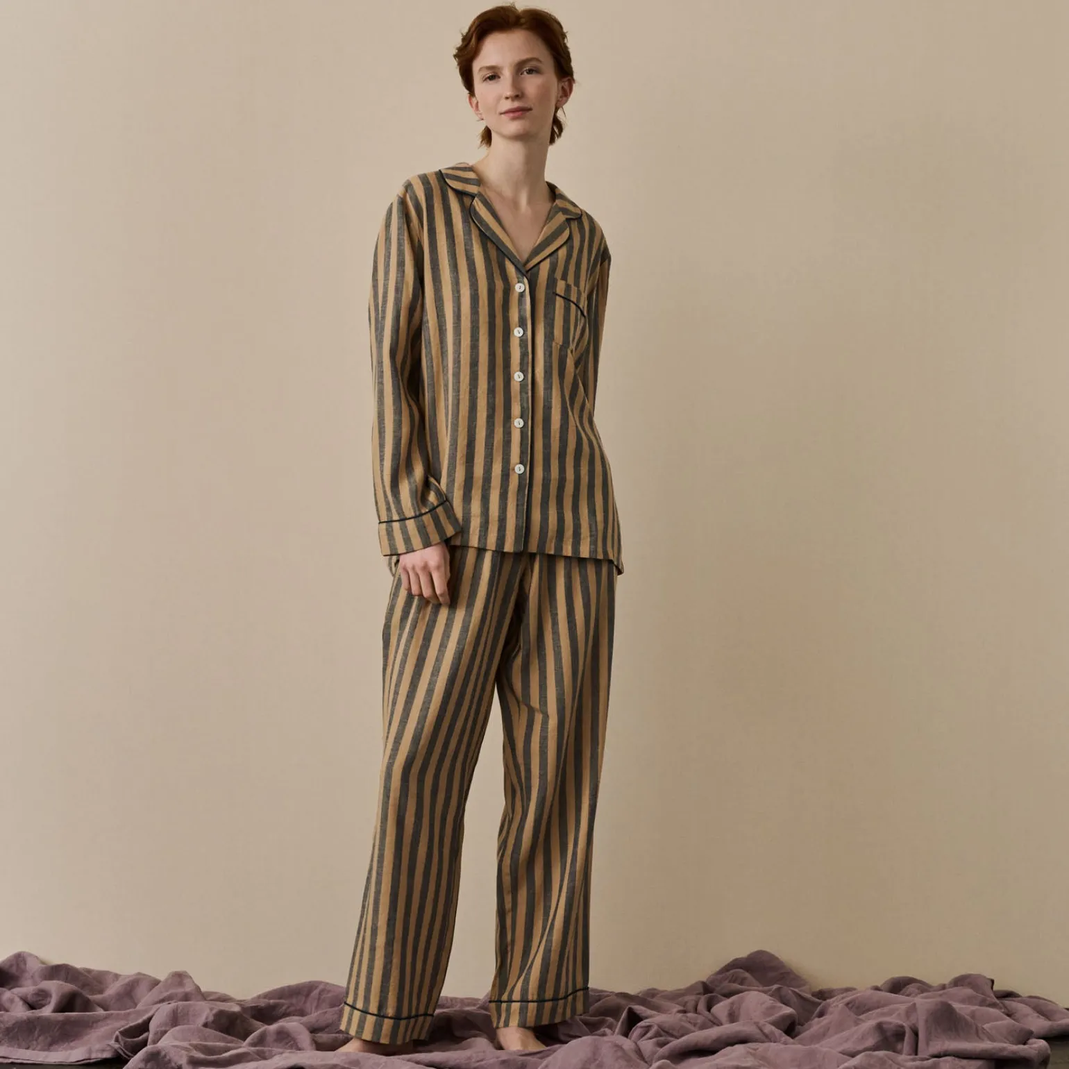 Blue & Porcini Striped Linen Pajama Set