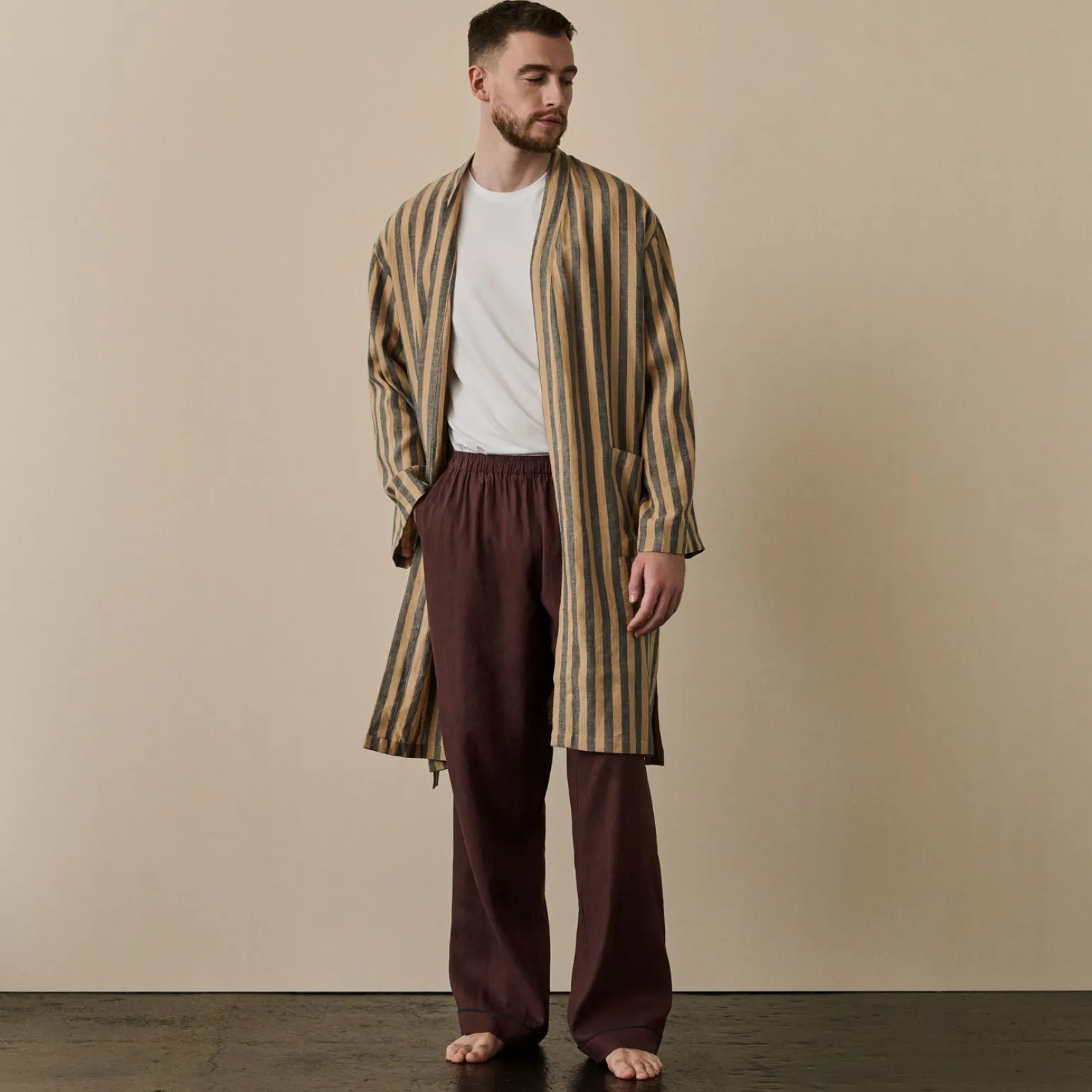 Blue & Porcini Striped Linen Robe