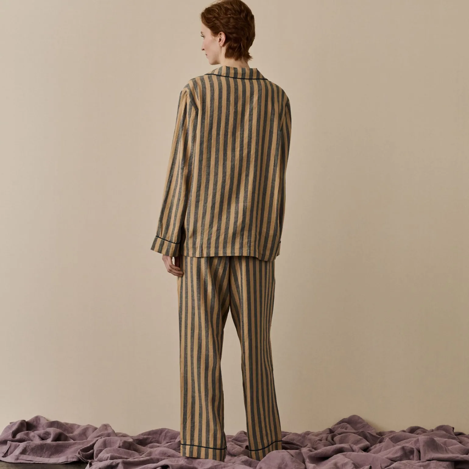 Blue & Porcini Striped Linen Pajama Set