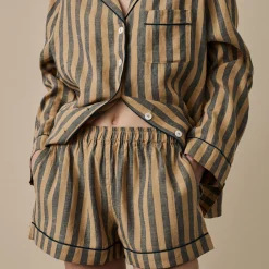 Blue & Porcini Striped Linen Pajama Shorts Set