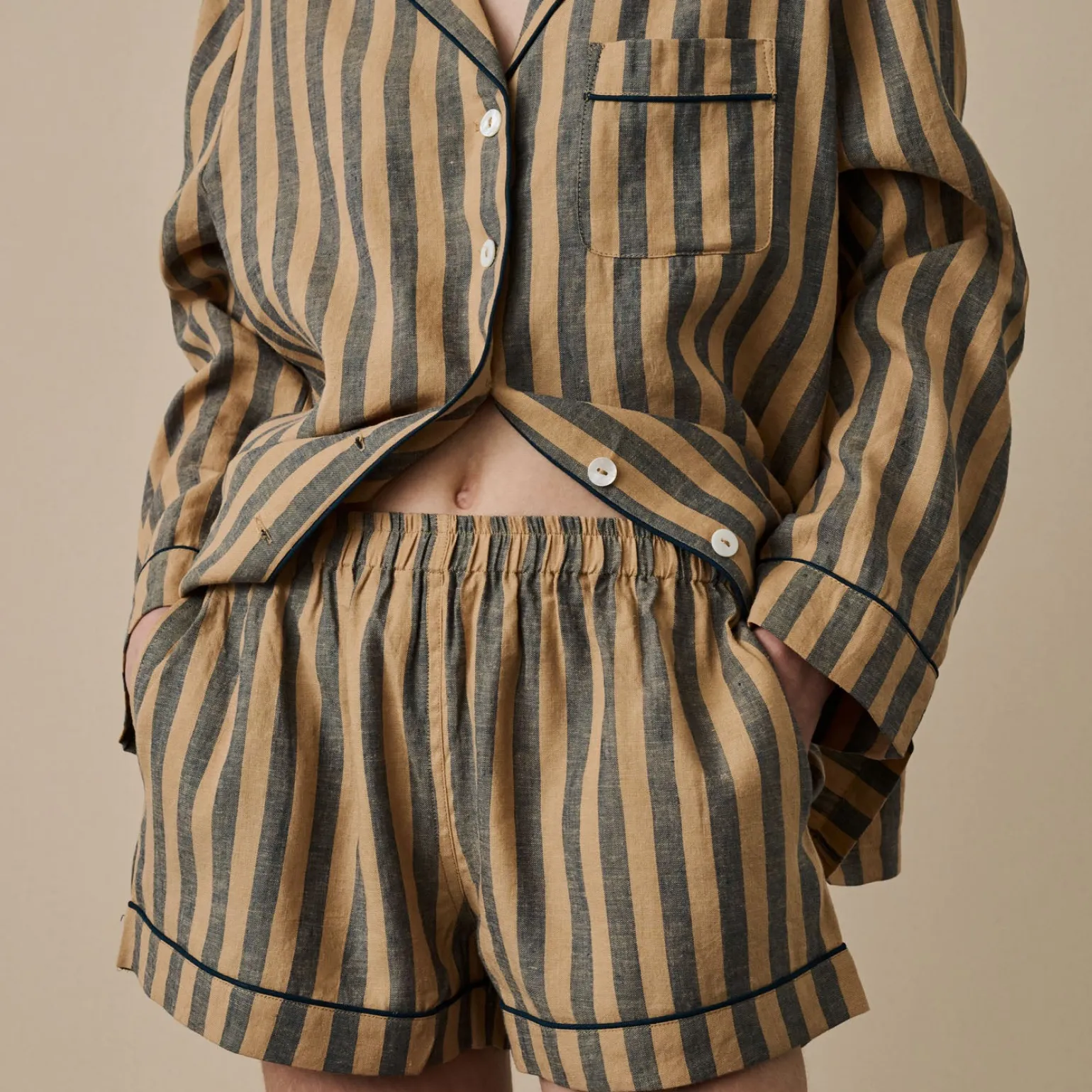 Blue & Porcini Striped Linen Pajama Shorts Set