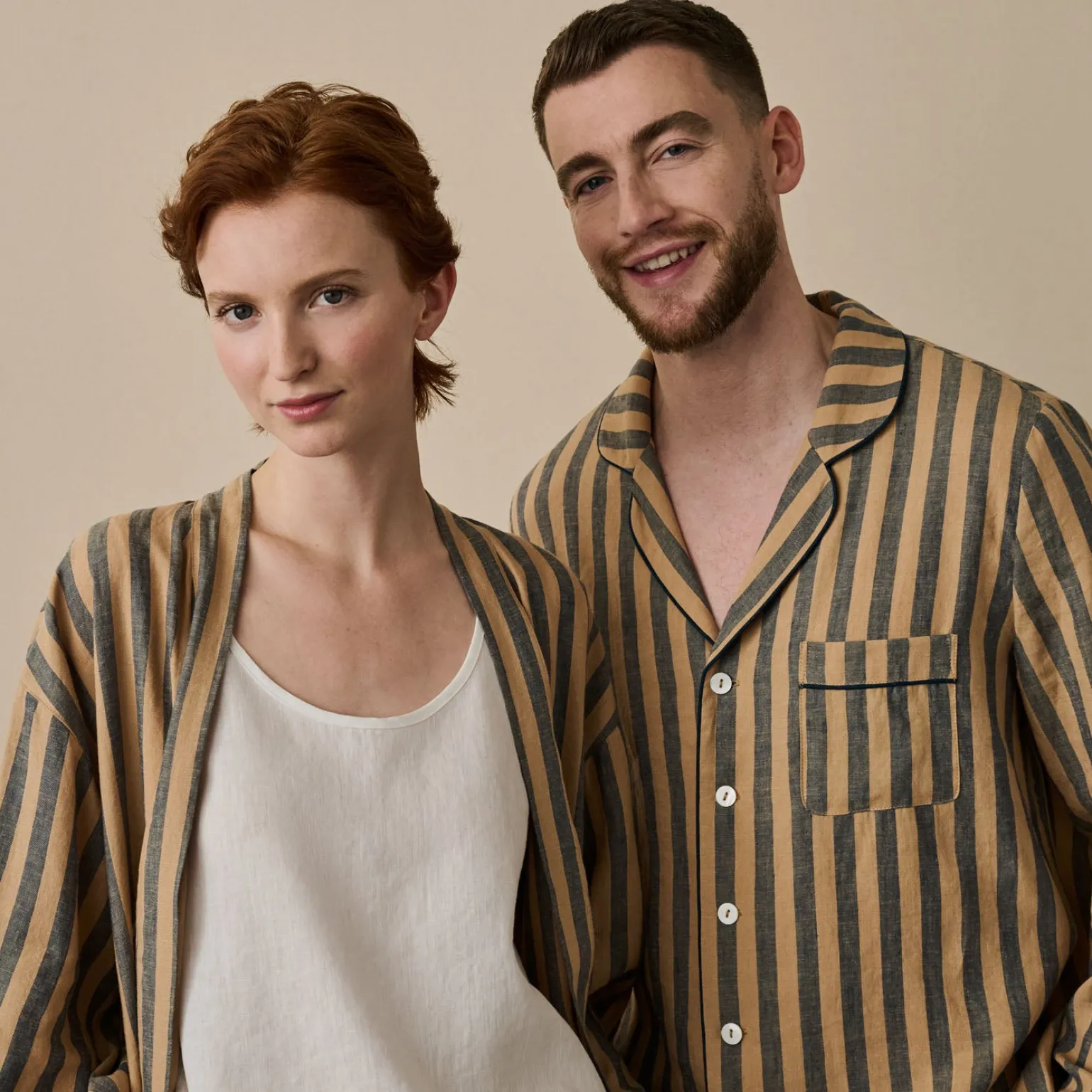 Blue & Porcini Striped Linen Robe