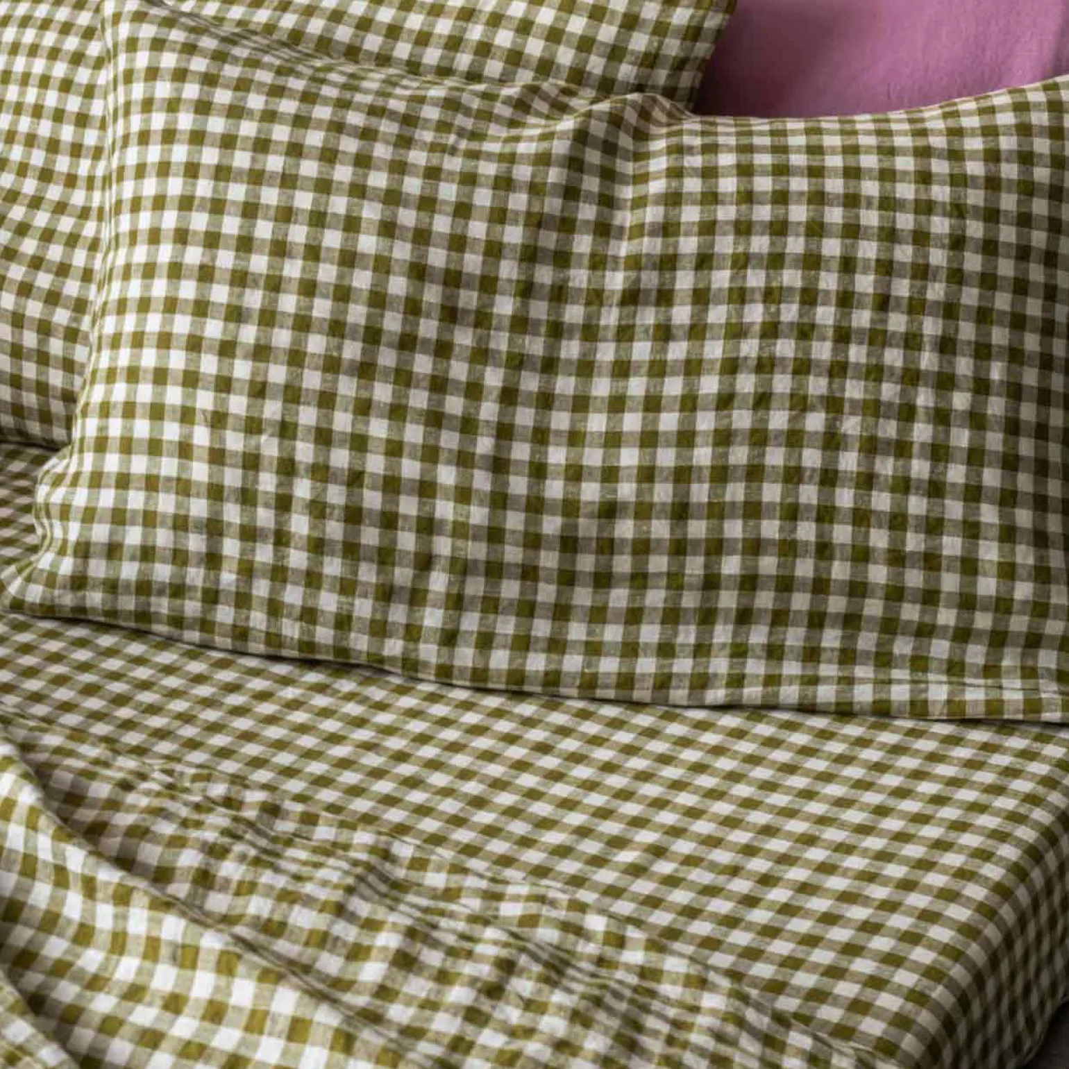 Botanical Green Gingham 100% Linen Fitted Sheet