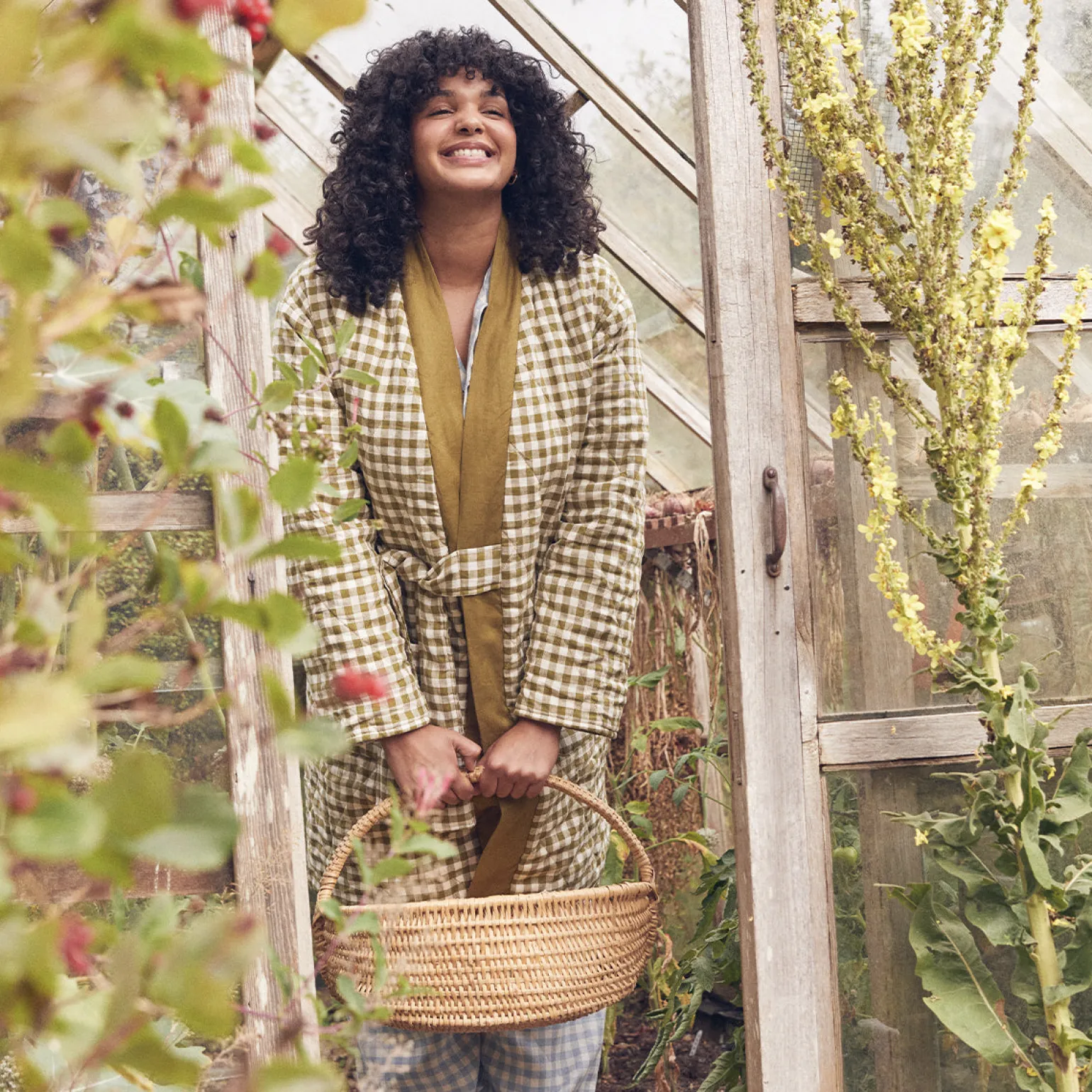 Botanical Green Gingham Linen Housecoat