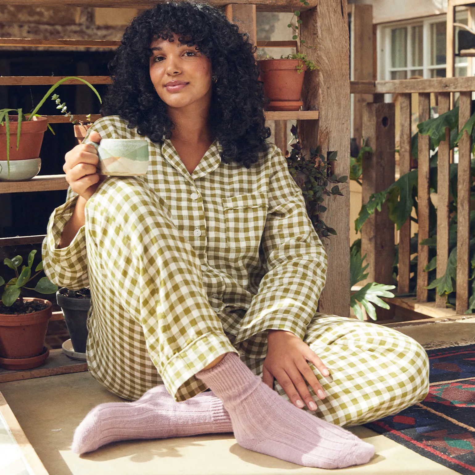 Botanical Green Gingham Linen Pajama pants