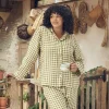 Botanical Green Gingham Linen Pajama Shirt (Top Only)