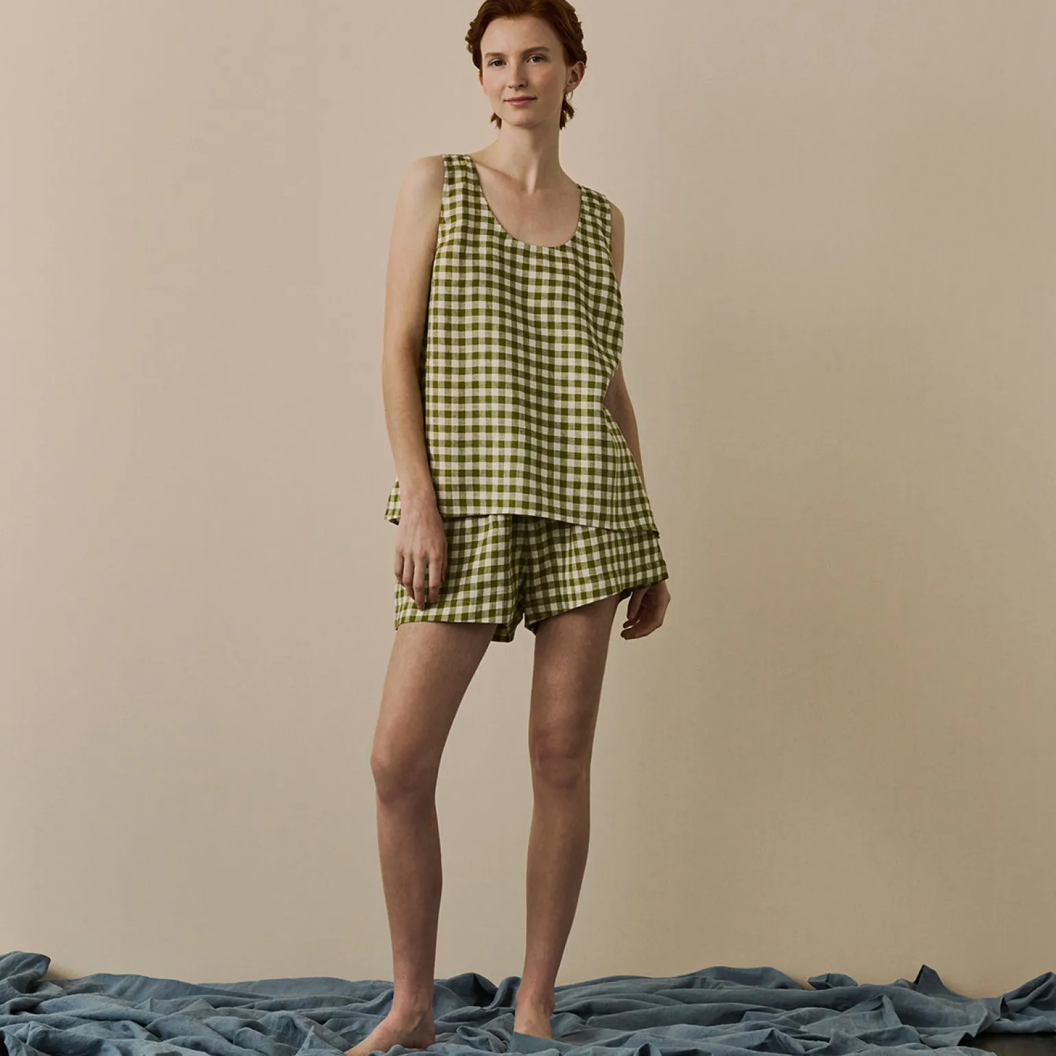 Botanical Green Gingham Linen Cami Set