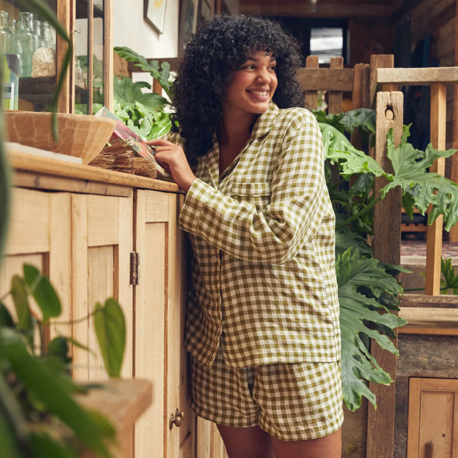 Botanical Green Gingham Linen Pajama Shorts Set