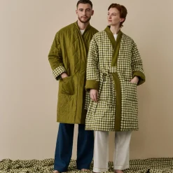 Botanical Green Gingham Linen Housecoat
