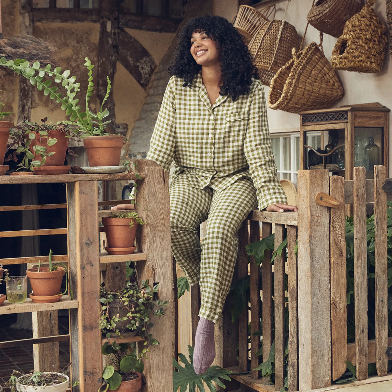 Botanical Green Gingham Linen Pajama Set