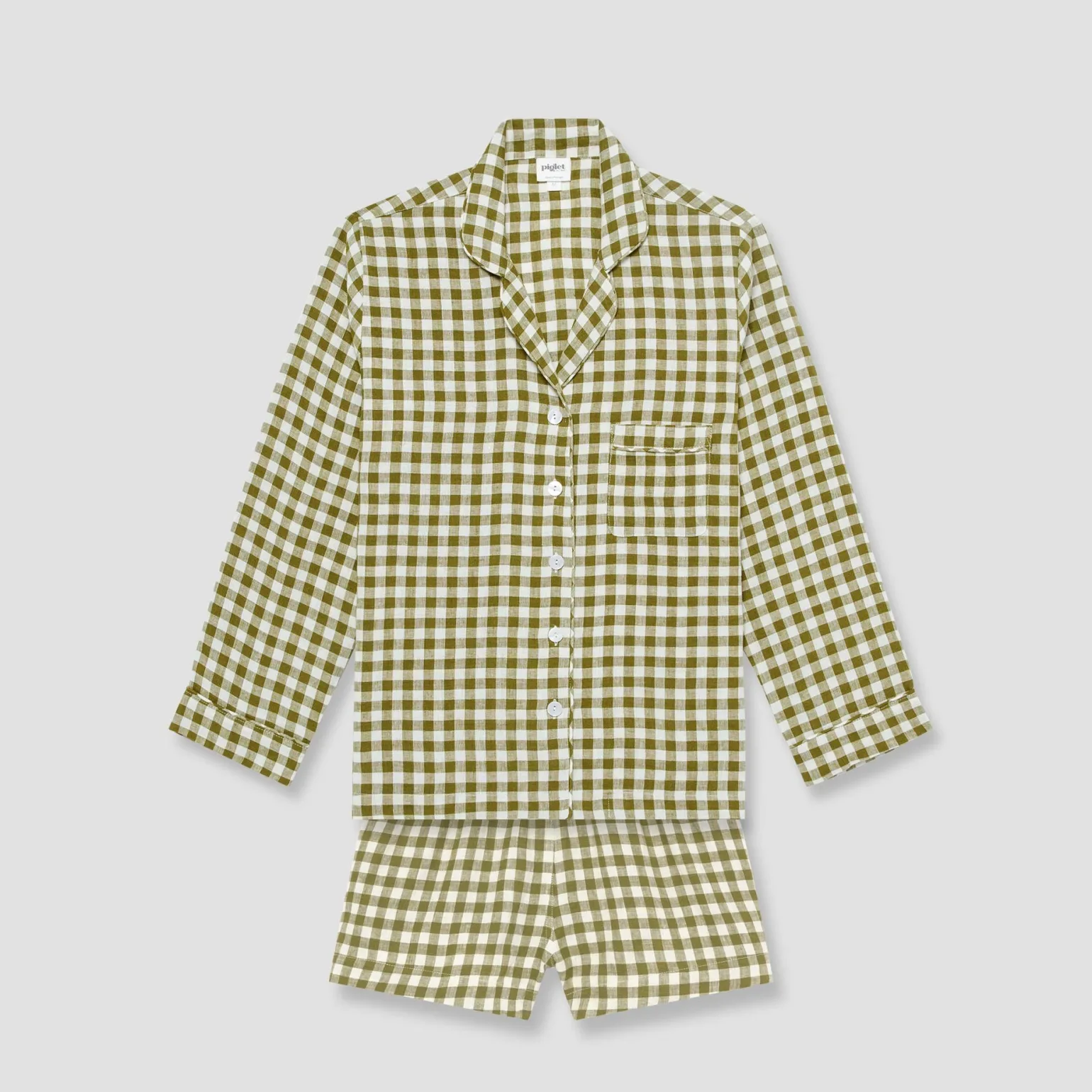 Botanical Green Gingham Linen Pajama Shorts Set