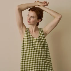 Botanical Green Gingham Linen Night Dress