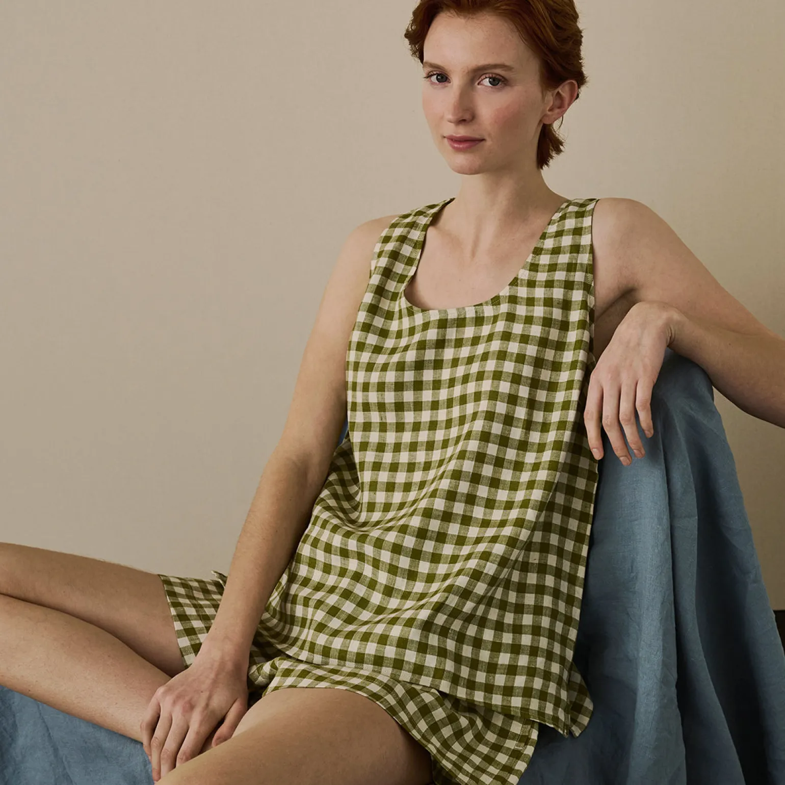 Botanical Green Gingham Linen Cami Set
