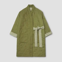 Botanical Green Gingham Linen Housecoat