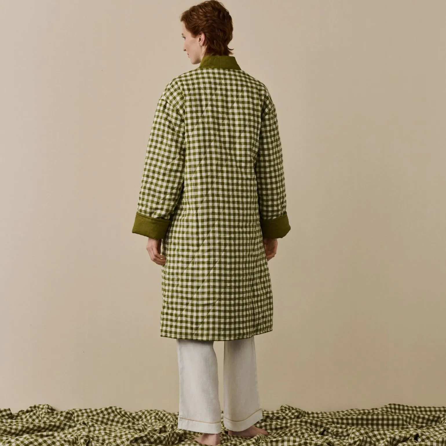 Botanical Green Gingham Linen Housecoat