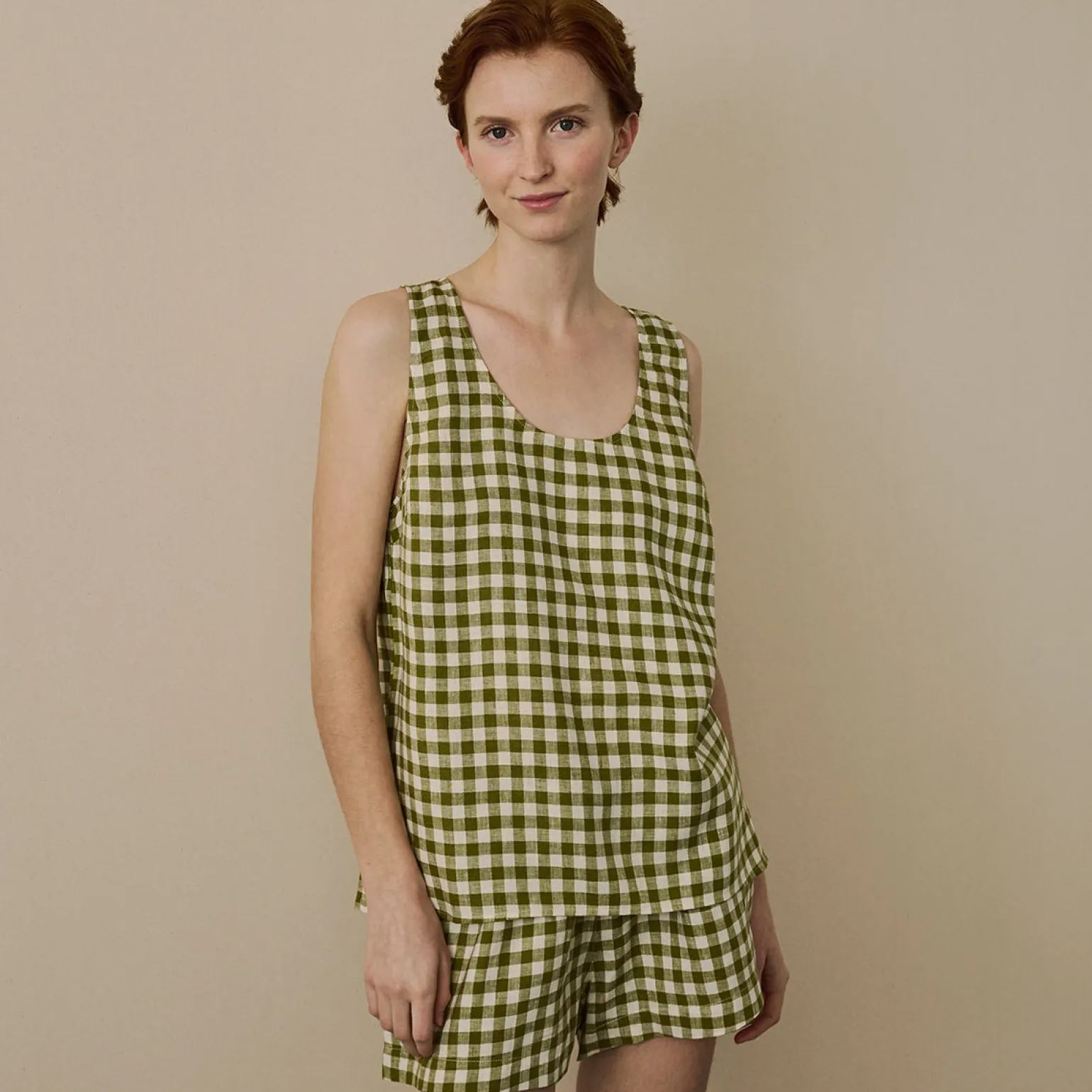 Botanical Green Gingham Linen Cami Set
