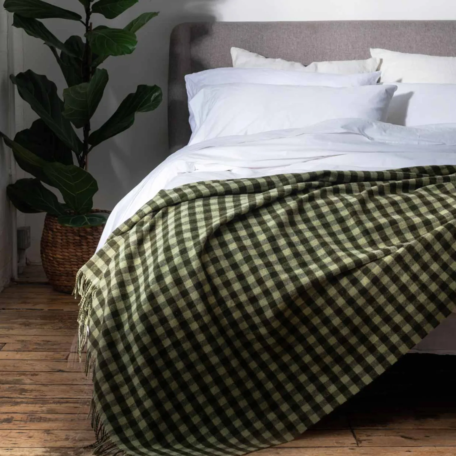 Botanical Green Gingham Wool Blanket