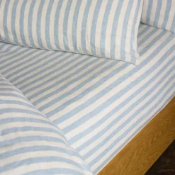 Coastal Blue Pembroke Stripe 100% Linen Fitted Sheet
