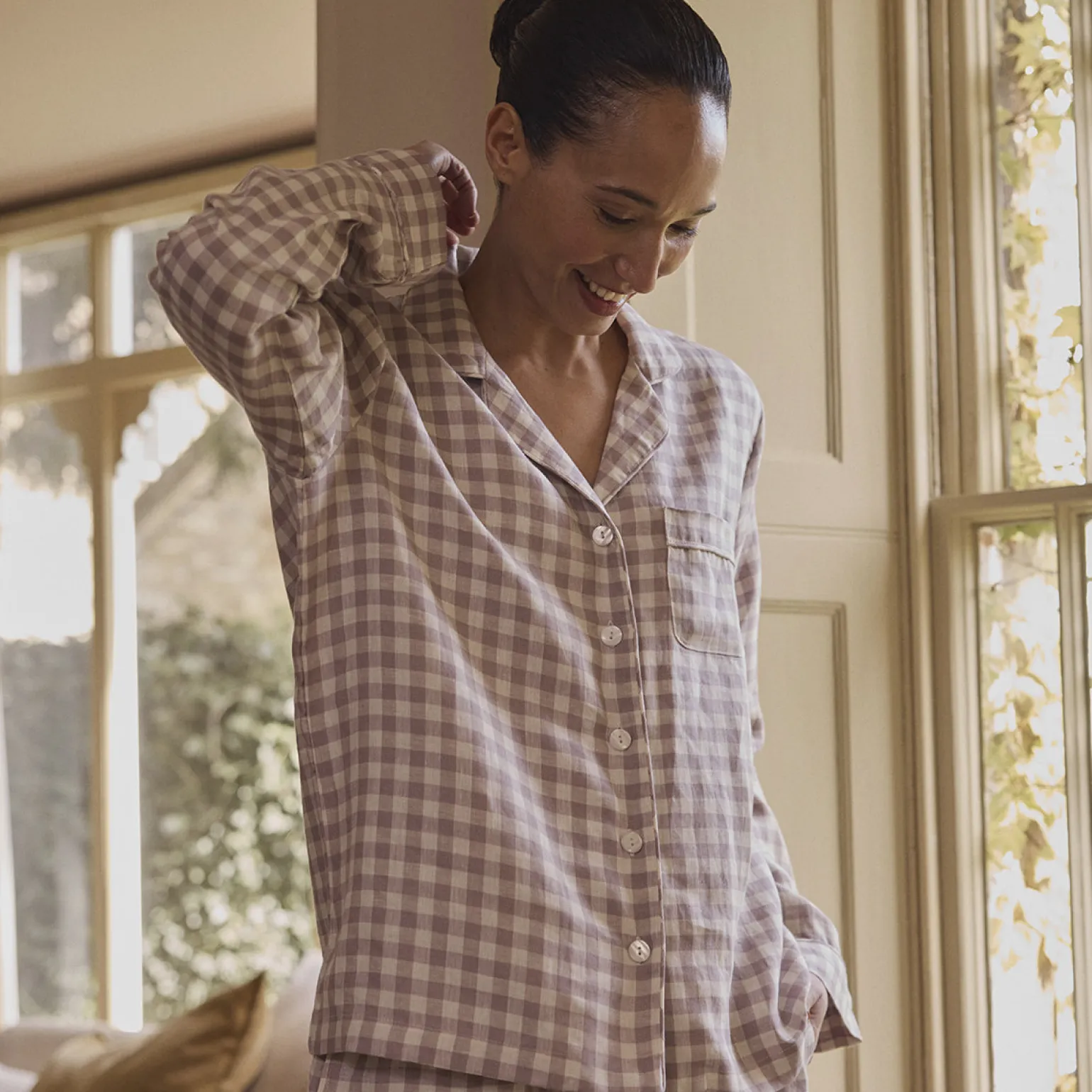 Elderberry Gingham Linen Women's Pajama Shirt