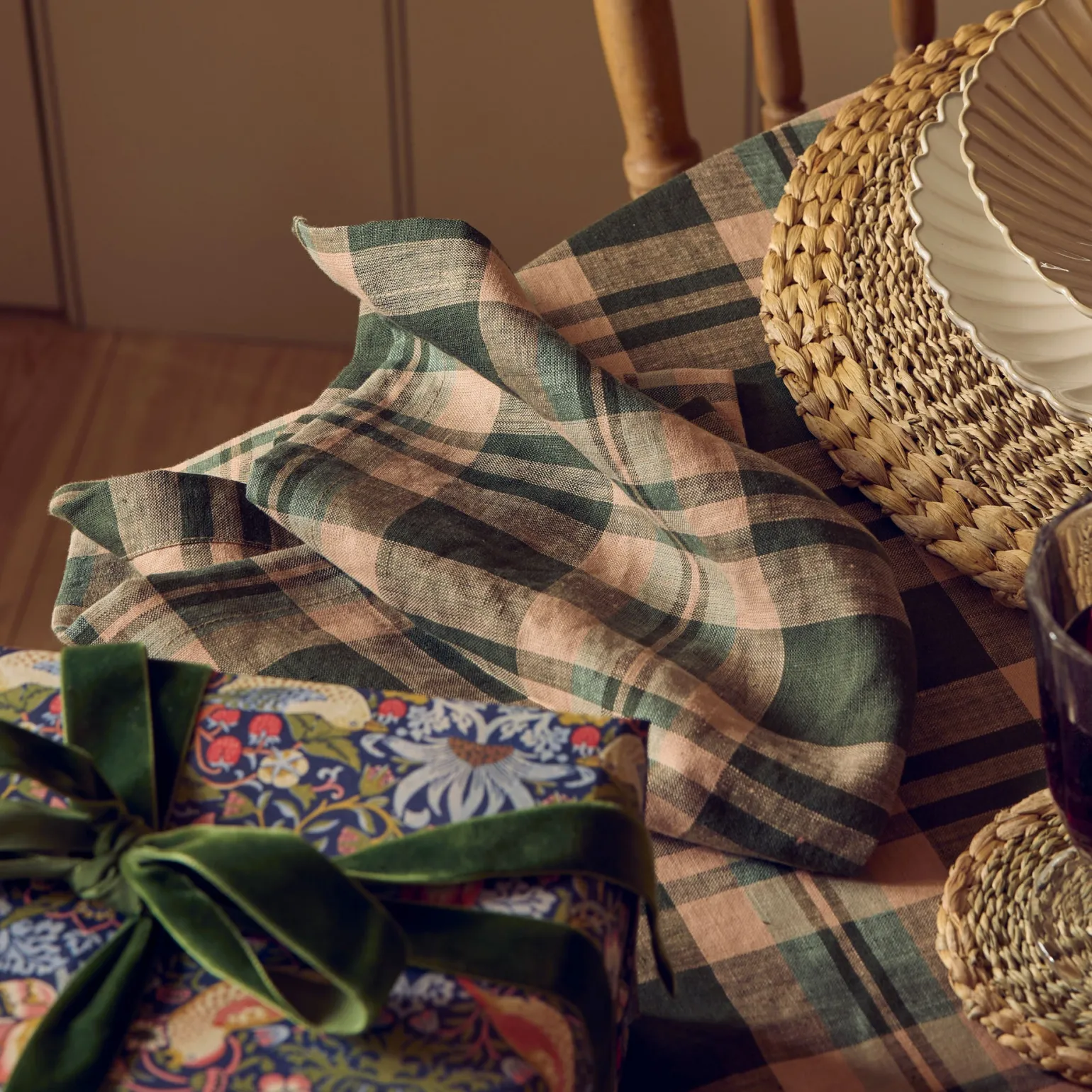 Fern Green Dallington Plaid 100% Linen Napkins Set of 4