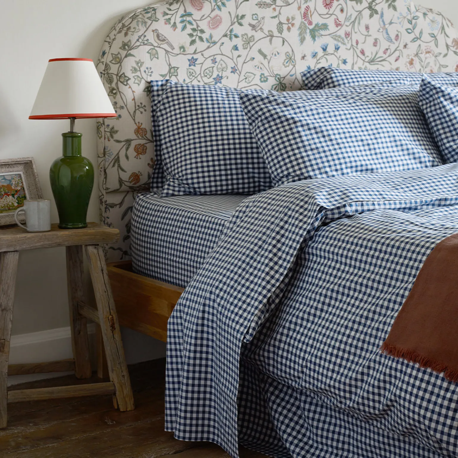 Indigo Small Gingham Cotton Flat Sheet