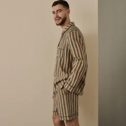 Men's Blue & Porcini Striped Linen Pajama Short Set