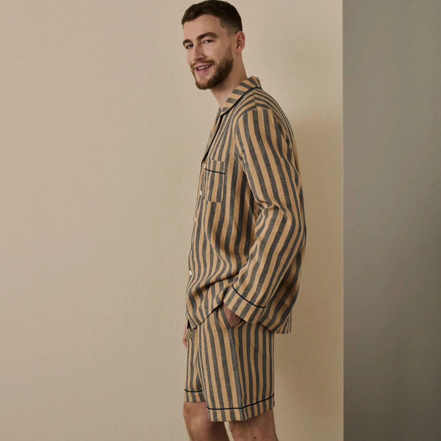 Men's Blue & Porcini Striped Linen Pajama Short Set