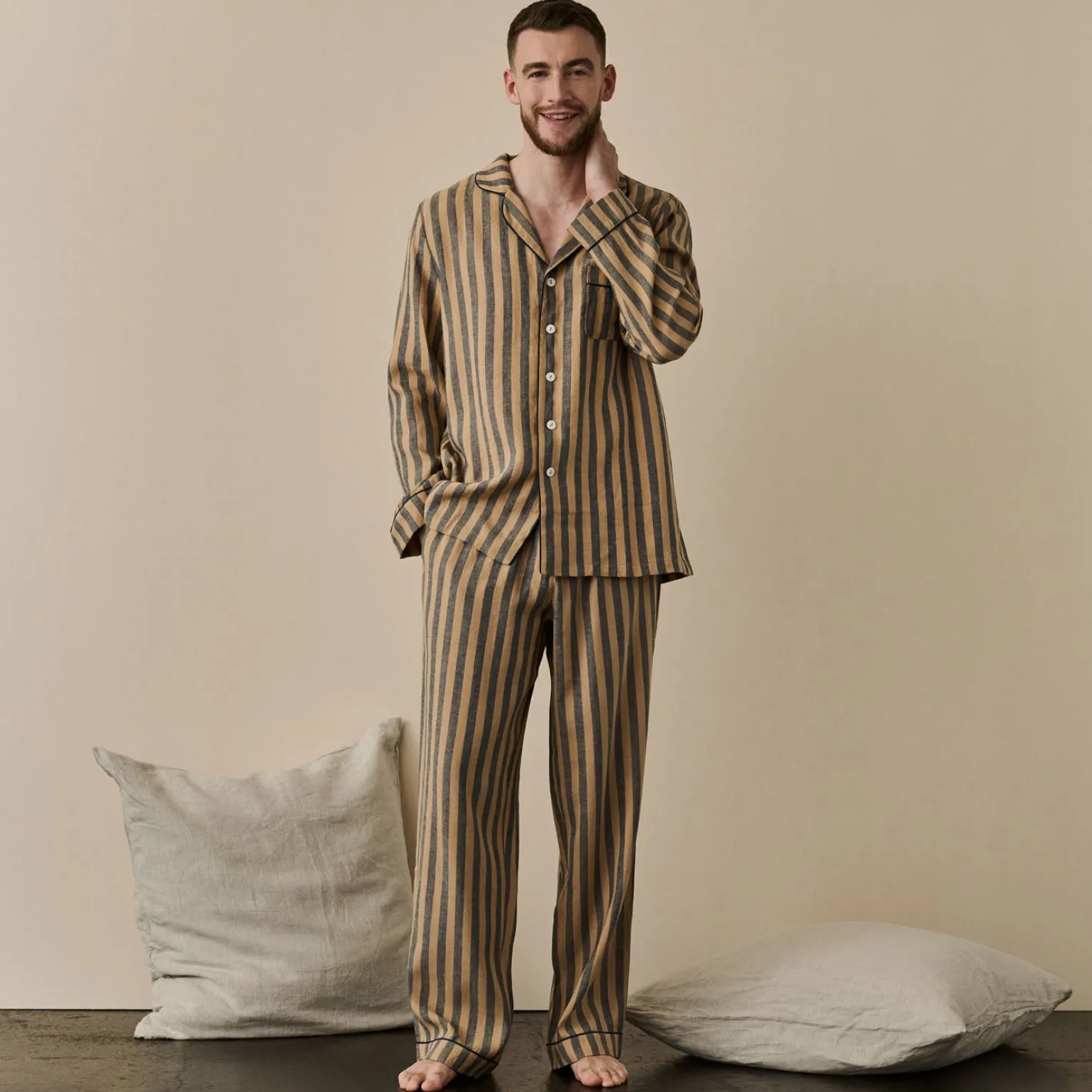 Men's Blue & Porcini Striped Linen Pajama Set