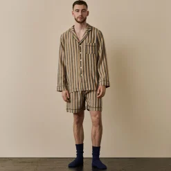 Men's Blue & Porcini Striped Linen Pajama Short Set