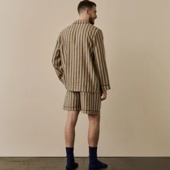 Men's Blue & Porcini Striped Linen Pajama Short Set
