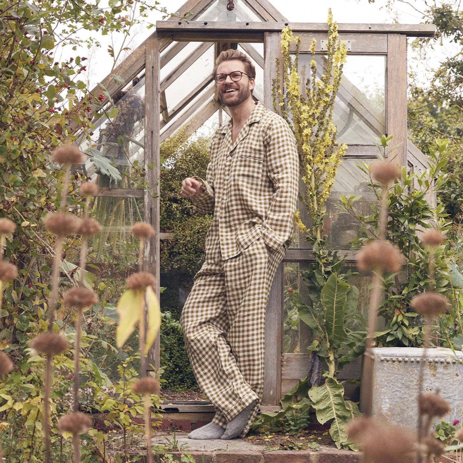 Men's Botanical Green Gingham Linen Pajama Set