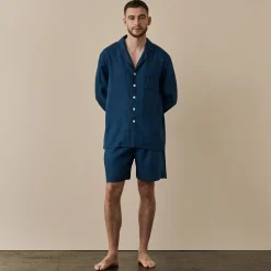 Men's Marine Blue Linen Pajama Short Set