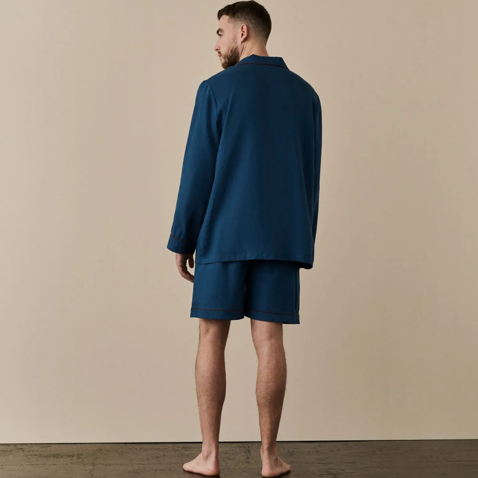 Men's Marine Blue Linen Pajama Short Set