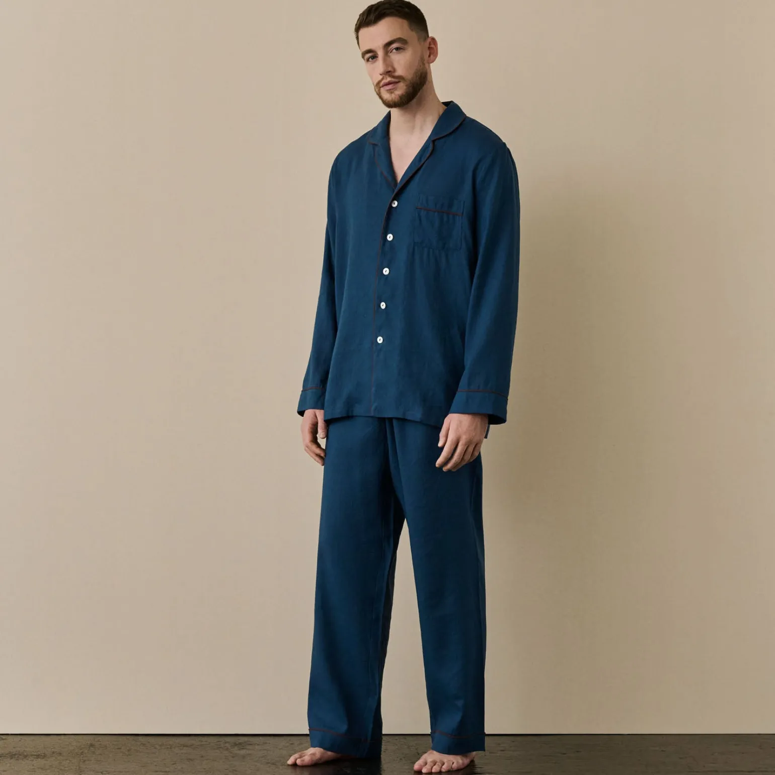 Men's Marine Blue Linen Pajama Set