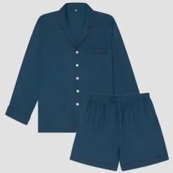 Men's Marine Blue Linen Pajama Short Set