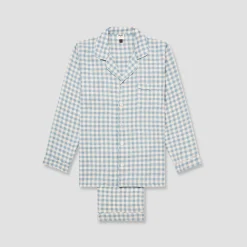 Men's Warm Blue Gingham Linen Pajama Pants Set