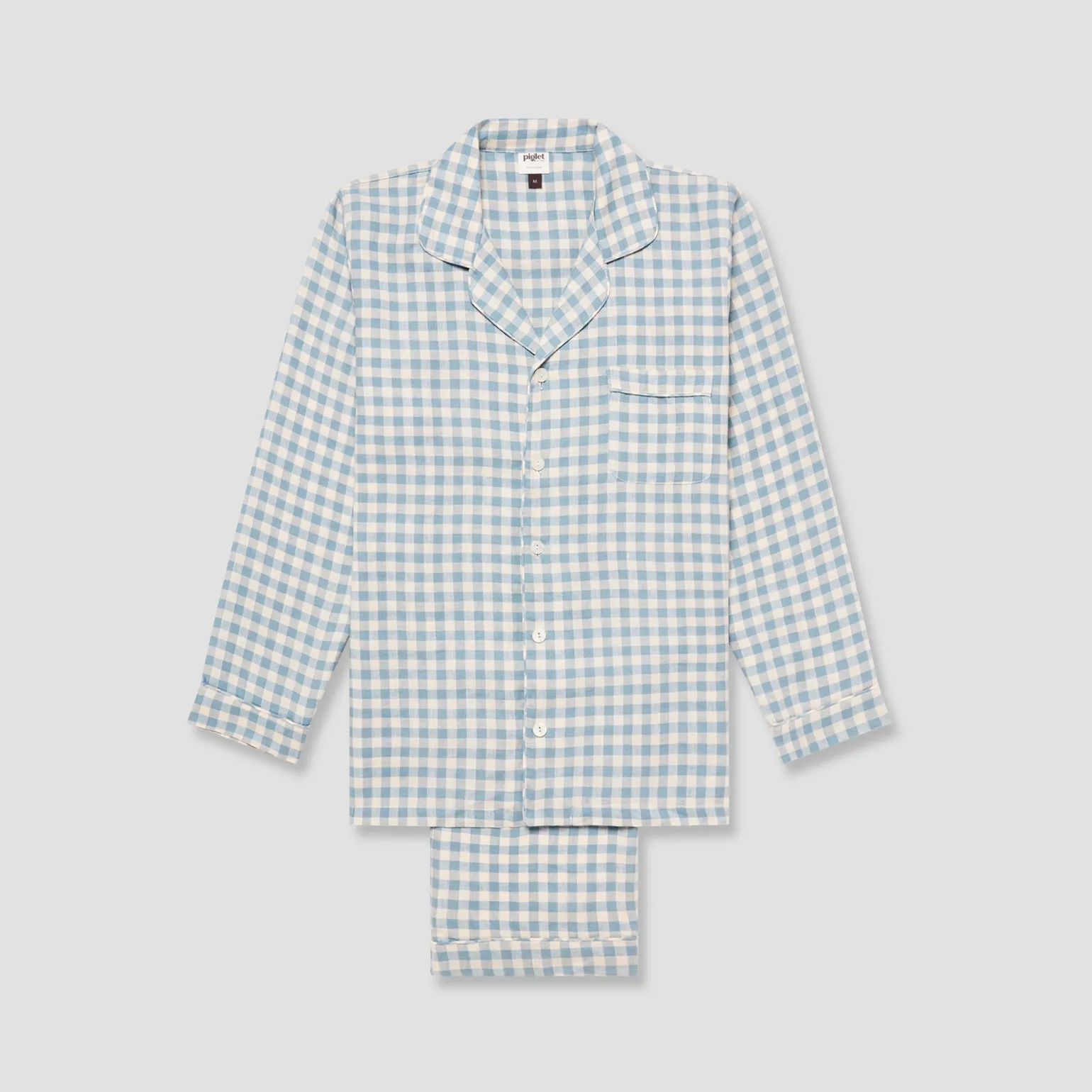 Men's Warm Blue Gingham Linen Pajama Pants Set