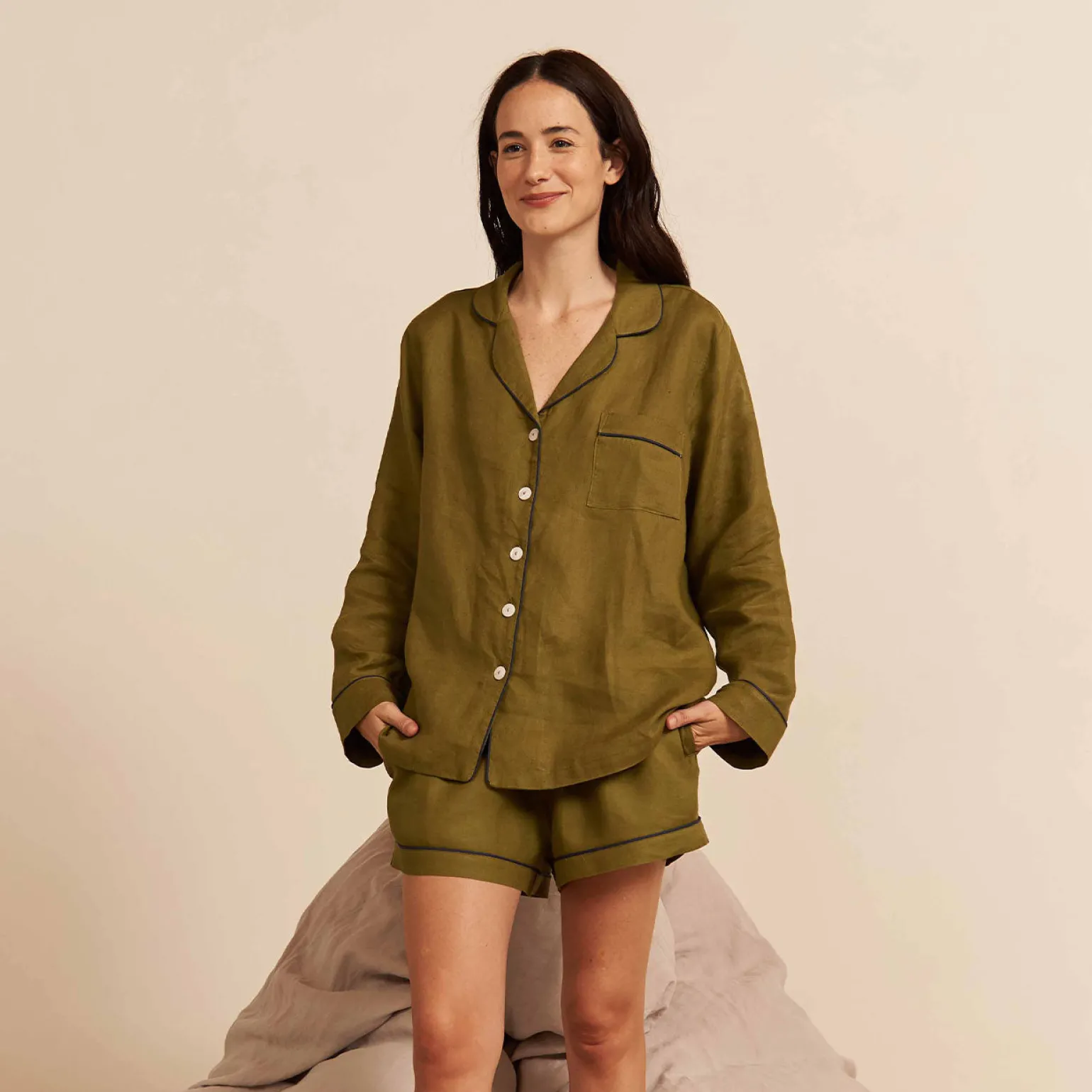 Moss Plain Linen Pajama Shorts Set