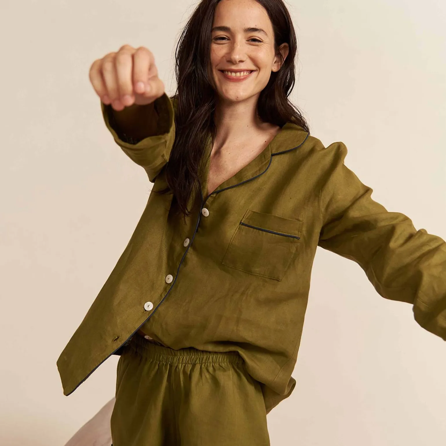 Moss Plain Linen Pajama Shorts Set