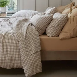 Mushroom Gingham 100% Linen Flat Sheet