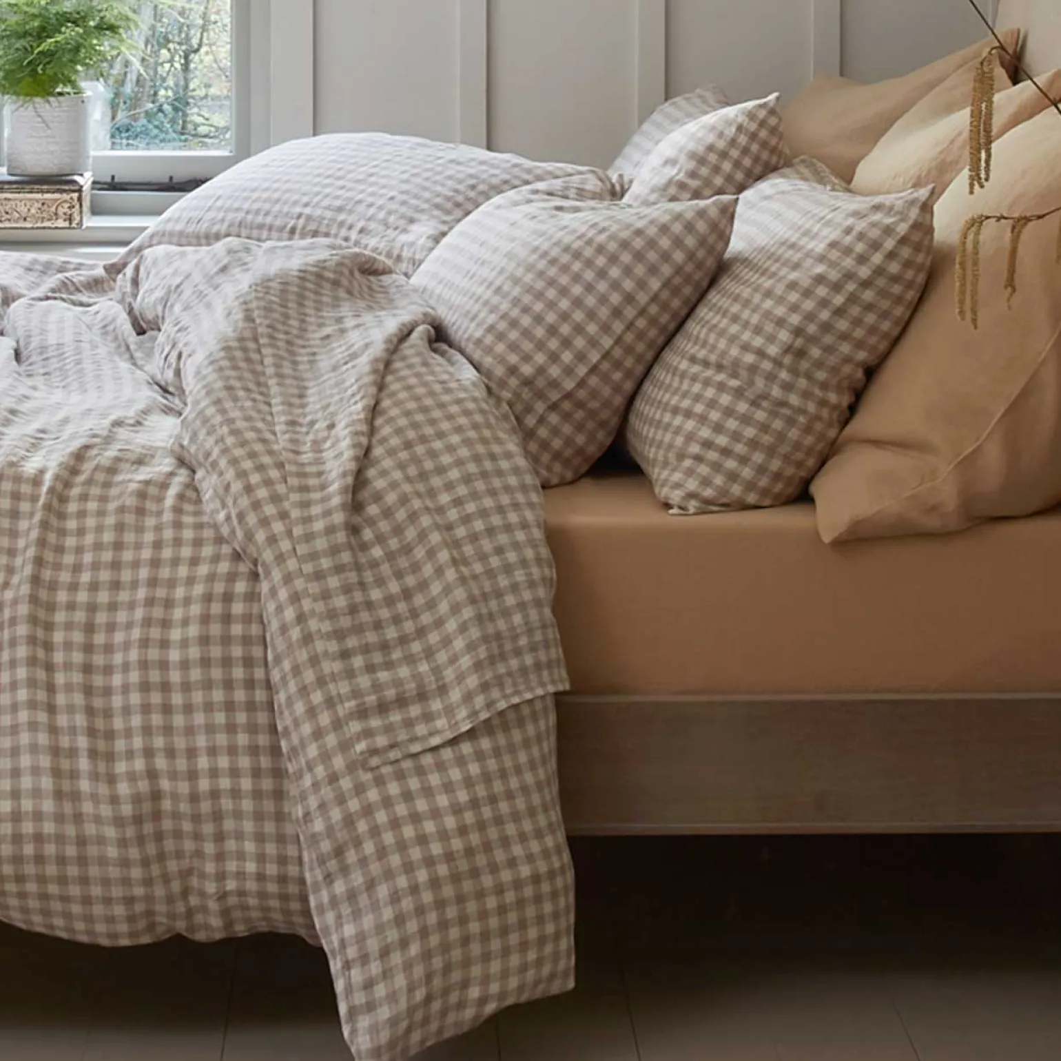 Mushroom Gingham 100% Linen Flat Sheet