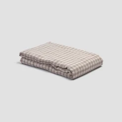 Mushroom Gingham 100% Linen Flat Sheet
