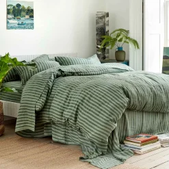 Pine Green Stripe 100% Linen Duvet Cover