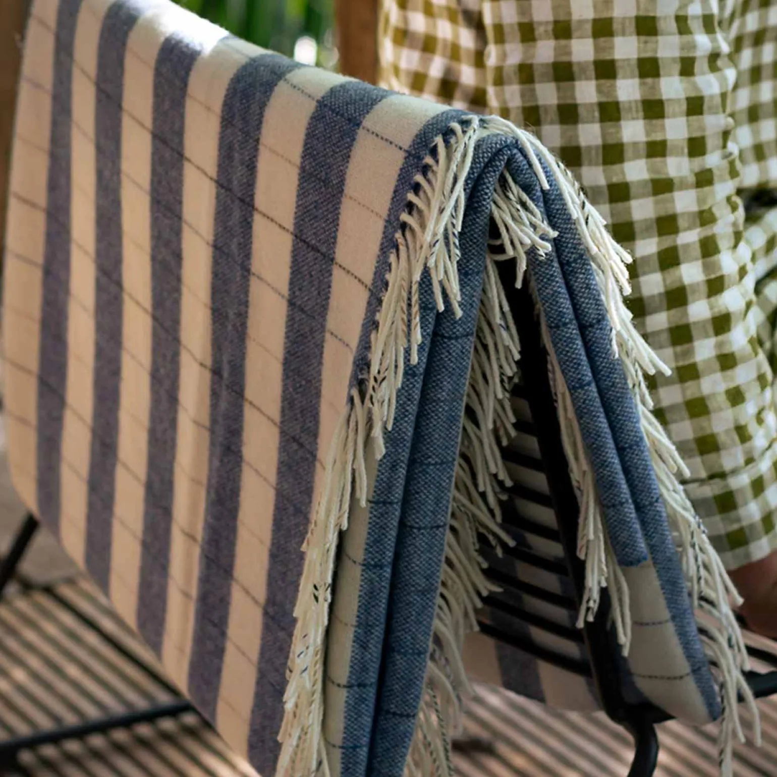 Warm Blue Checked Stripe Wool Blanket