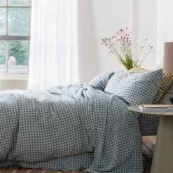 Warm Blue Gingham 100% Linen Duvet Cover