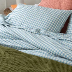 Warm Blue Gingham 100% Linen Flat Sheet
