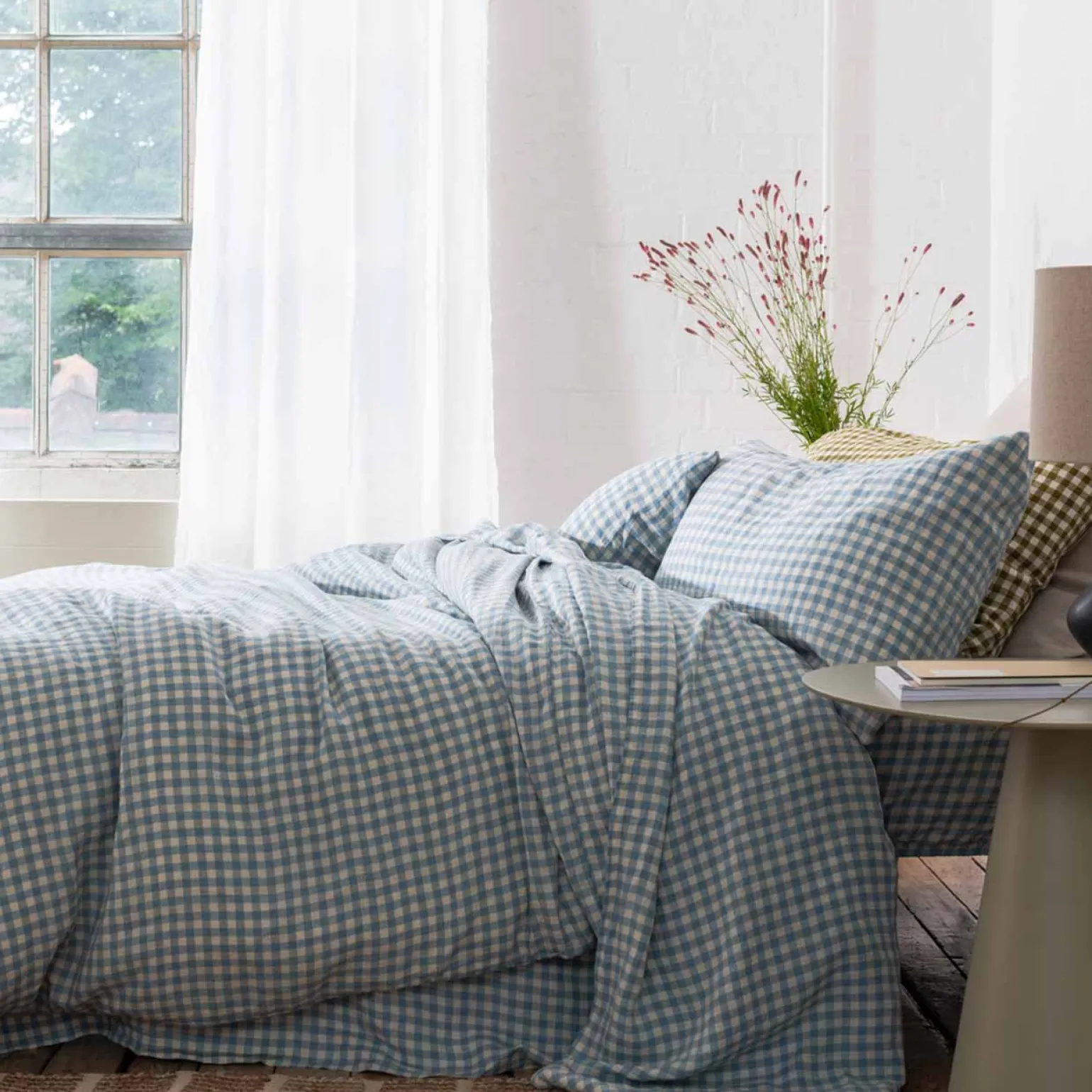 Warm Blue Gingham 100% Linen Pillowcases (Pair)