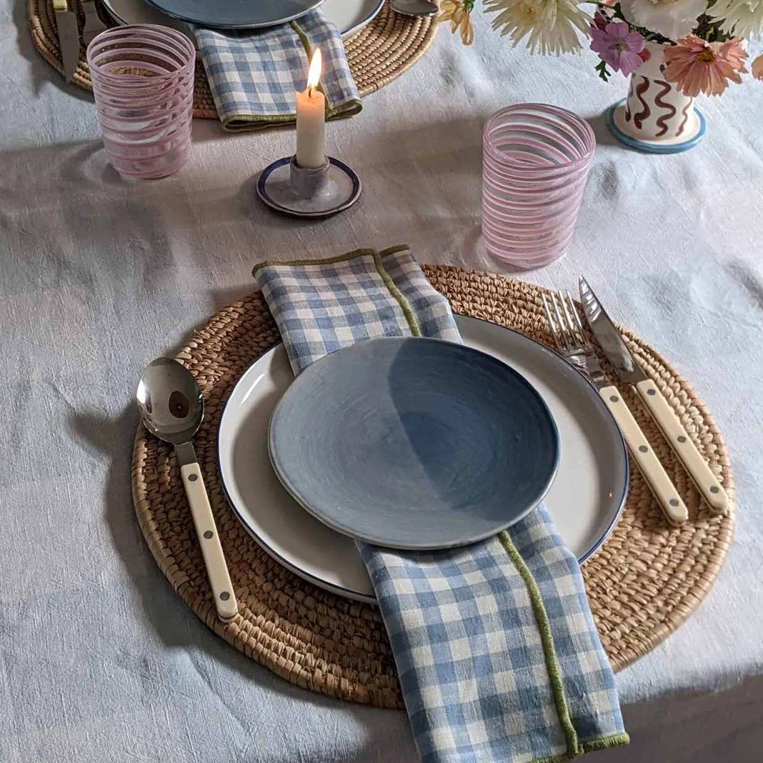Warm Blue Gingham 100% Linen Napkins Set of 4