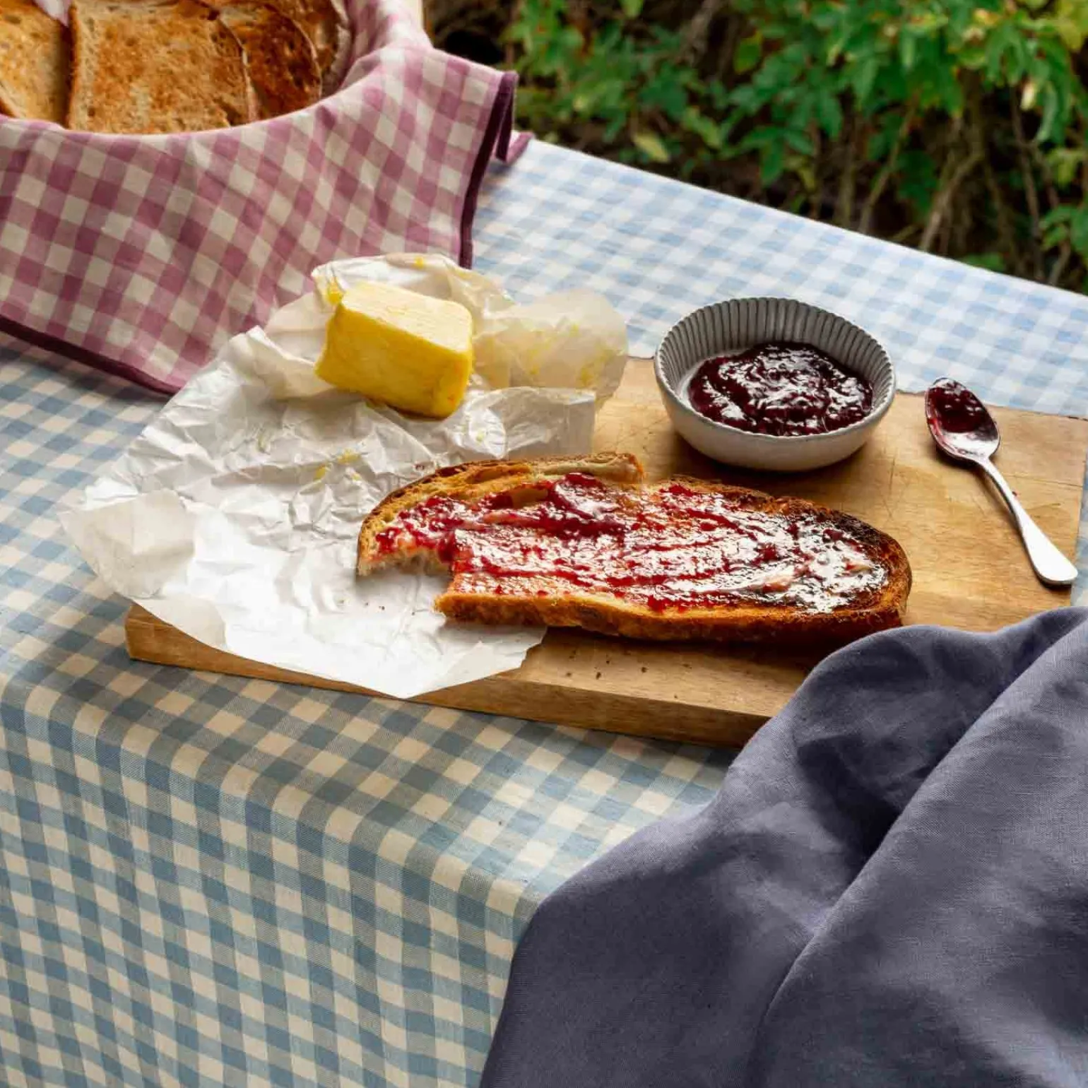 Warm Blue Gingham 100% Linen Tablecloth